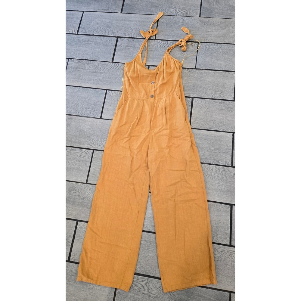 Paper Crane Mustard Yellow Linen Blend Wide Leg Tie Strap Jumpsuit C51011B M